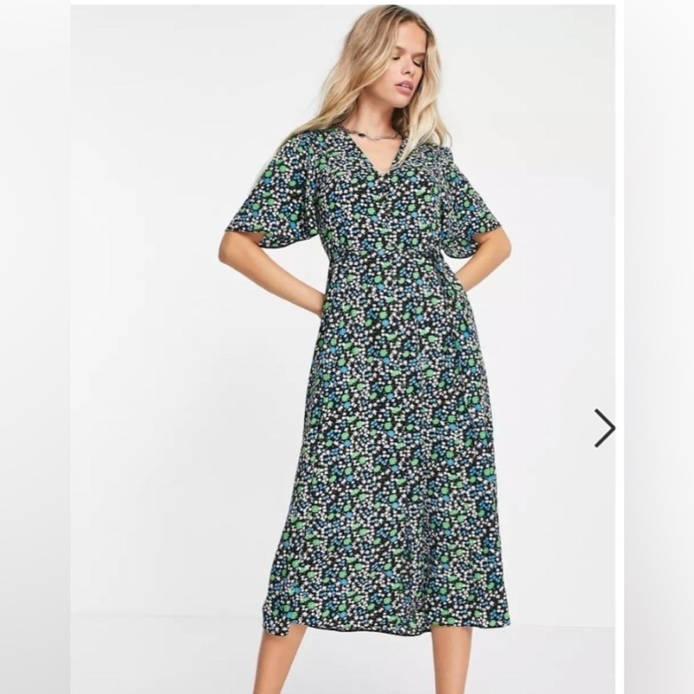 NWT ASOS Black Blue Green Floral Flutter Sleeve Midi Belted Dress Women’s US 8